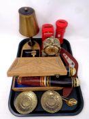 A tray containing miscellanea to include a mid 20th century novelty cigarette dispenser in the form