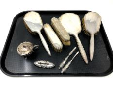 A silver-backed five piece dressing table set together with a silver mustard pot,