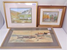 ** Allen : Fishing Boats Moored at Low Tide with Huts Beyond, watercolour, signed, 15 cm x 39 cm,