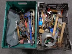 Two crates of assorted hand tools, brass dimmer switches,