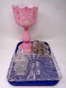 A Victorian pink glass lustre (a/f) with drops together with a cut glass trinket tray,