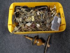 A box of antique and later wooden metal and ceramic cabinet furniture,