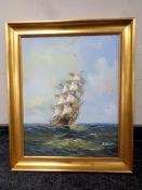 A oil on canvas of a Tall ship at full sail,