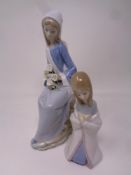 A Lladro figure : Girl seated with Lilies together with a further Lladro figure of a girl kneeling.