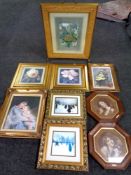 A decorative gilt framed firescreen with silvered panel together with Edwardian monochrome prints;