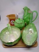 A tray containing a Maling green lustre salad bowl with servers together with three further pieces