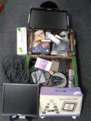 Two boxes containing miscellaneous electricals, components, wiring, toner cartridges,