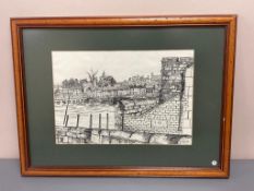 David Belilios : Bridge by river, Mono ink, signed, 27 cm x 39 cm.