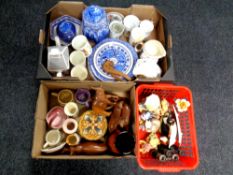 Two boxes and a crate containing a quantity of Ringtons blue and white china, wooden ornaments,