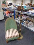 A mid 20th century loom bedroom chair together with a brass and marble Chinese floor lamp