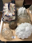 A tray containing 19th century transfer printed cheese dish and cover and a small quantity of jelly