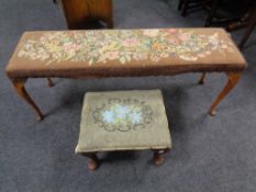 A beech window seat on cabriole legs together with smaller foot stool