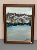 David Belilios : Snow landscape, oil on board, signed, 34 cm x 25 cm.
