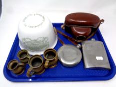 A tray containing Paragon pottery jelly mould, brass measures,
