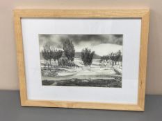 David Belilios : Farmland, pen and ink, signed,