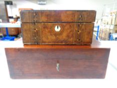 A Victorian stained pine box together with a inlaid walnut jewelry box (as found)