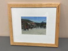 David Belilios : Figures in street, colour chalk, signed, 18 cm x 13 cm.