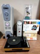 Two oil filled radiators with a box containing portable record player, Swan Teasmade,