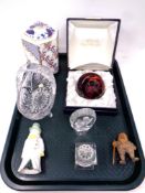 A tray containing boxed Caithness paperweight, Mason's Appliqué hexagonal lidded pot,