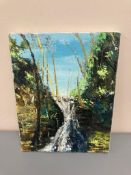 David Belilios : Hareshaw Fall, oil on canvas, signed, 36 cm x 28 cm.