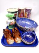 A tray containing six pieces of Maling lustre ware together with a pair of German porcelain dogs