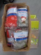 A box containing Polar fleece throws together with five double flat sheets