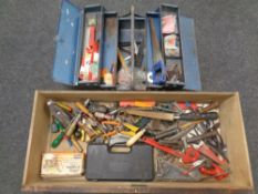 A drawer and metal concertina tool box containing a large quantity of hand tools and hardware