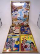 A montage of 20th century circus ticket stubs and ephemera in frame together with four Bertram