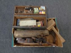 A box of antique wooden tool box containing hardware, Stanley finger plane, block plane,