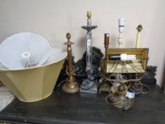 A banker's lamp with leaded glass shade together with five further table lamps (two with shades)