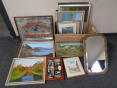 A box containing pictures and prints, oils on board,