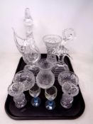 A tray of glass ware, RCR crystal figures, decanter with stoppers, vases,