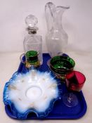 A tray of antique and late glass ware to include handkerchief glass dishes, decanter, glass ewer,