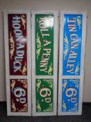 Three hand painted fairground signs on doors : hook a duck,