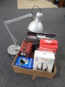 A box of head phone by Trioinfra sound etc together with a three in one tv radio cassette recorder,