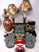 A pair of Kashmir style papier maché floral table lamps together with further lamp base,