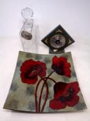 A cut glass whisky decanter with label together with slate barometer and contemporary glass dish