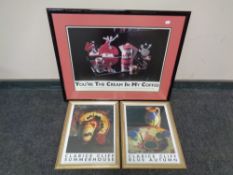 Three Clarice Cliff framed prints together with a bevelled mirror initialled 'BR'.