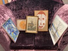 Five continental pictures to include : oil on canvas depicting birds, watercolour of a lake,