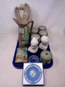 A tray of J Wood Burslem jug with four matching goblets, lidded trinket box, pair of busts,