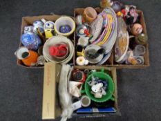 Four boxes of ceramics and glass, Oliver Hardy money box, Ringtons tea ware and caddies,