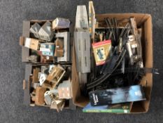 Three boxes of railway track and buildings together with an Orbus magazine folder of Legendary