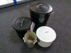 Two graduated lidded bins together with six bucket plant pots and enamelled cooking pot