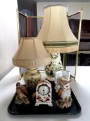 A tray of Masons Mandalay mantel clock, Beatrix Potter ornament, two pottery table lamp,