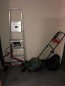 A Qualcast lawn raker together with a set of Abru aluminium five tread folding steps and Days