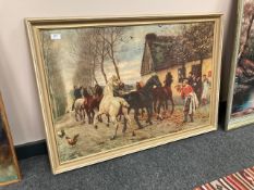 A continental colour print depicting horses by a cottage,