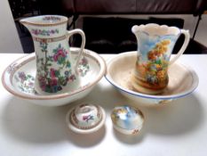 Two transfer printed wash basins and jugs