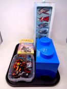A tray of Harry Potter hard back Order of the Phoenix, Lego and Lego storage box,