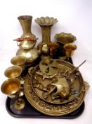 A tray of brass ware, eastern vases, kettle, trivet,