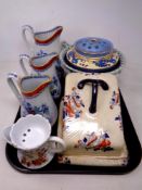 A tray of antique and later ceramics, 19th century crackle glazed cheese dish with cover,